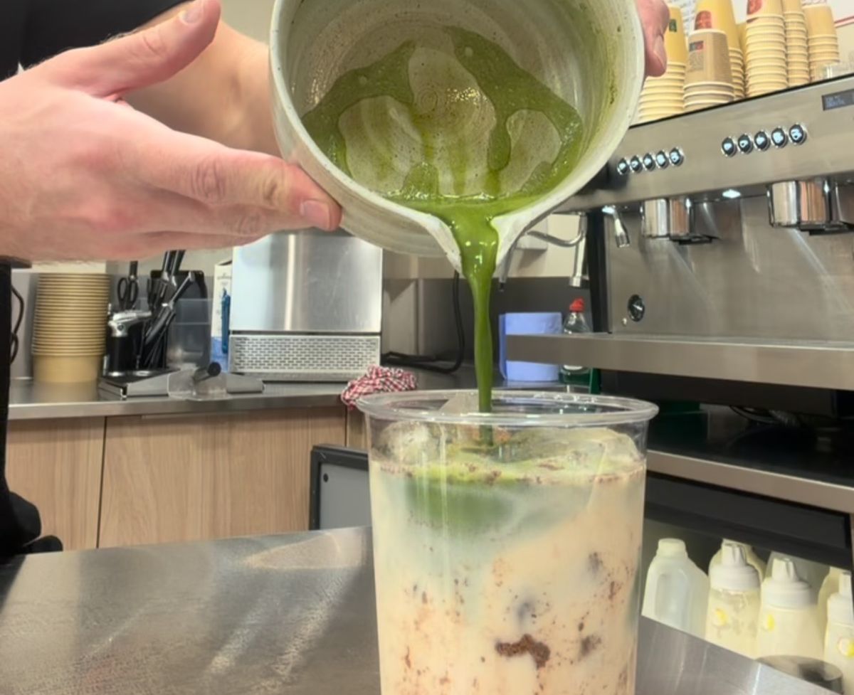 Matcha being poured fresh at the Soul Bowl counter